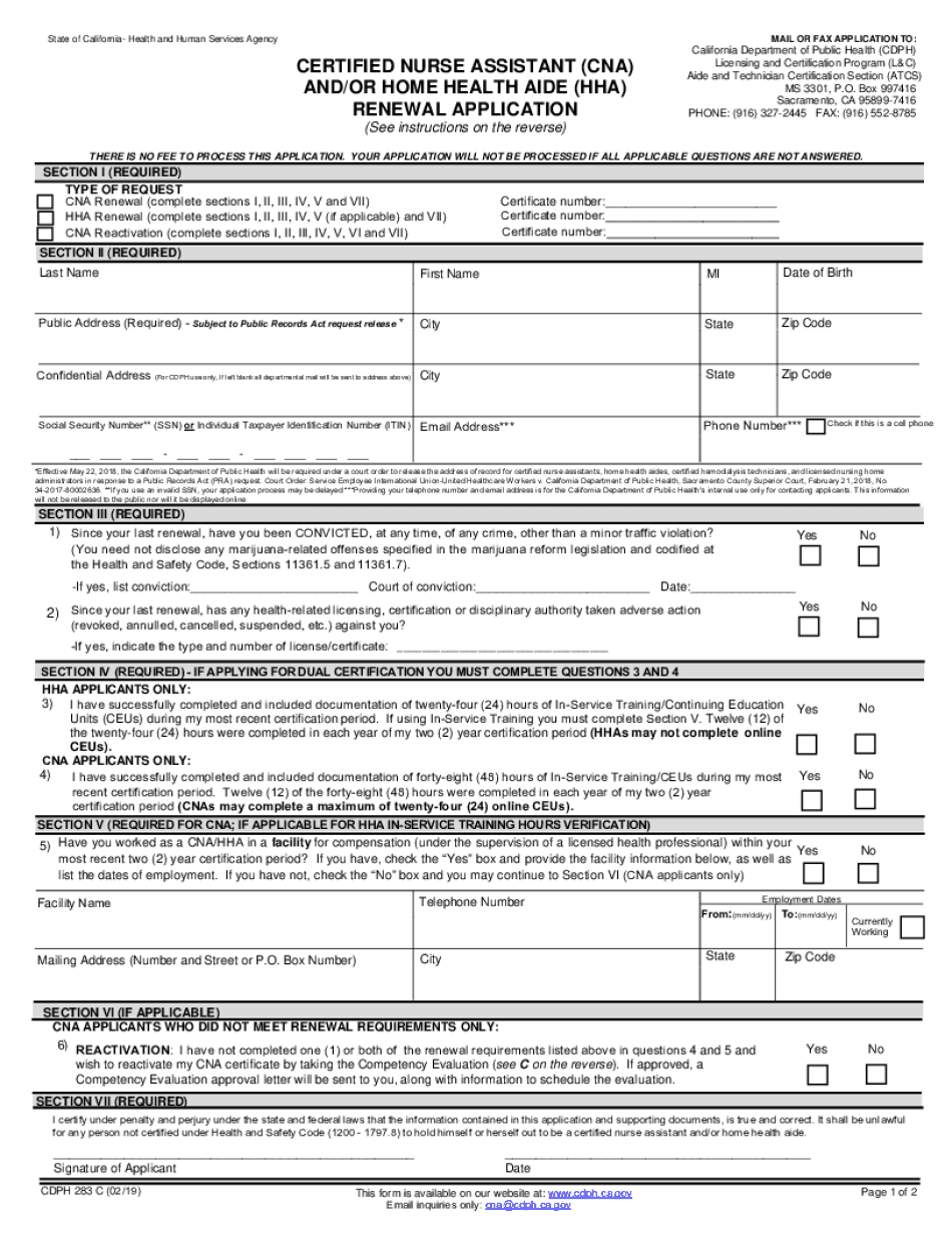 Certified Nurse Assistant and or Home Health Aide Renewal Application CDPH 283 C 2019